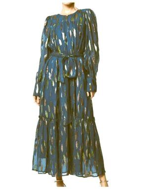 eryn metallic print tie waist long sleeve maxi dress Ciebon Eryn Metallic Print Tie Waist Long Sleeve Maxi Dress In Magenta